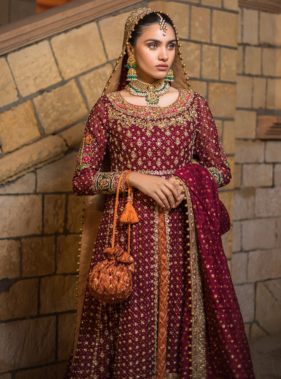 Pakistani Deep Maroon Embroidered Net Gown with Farshi Sharara (3-Piece) - Image 6