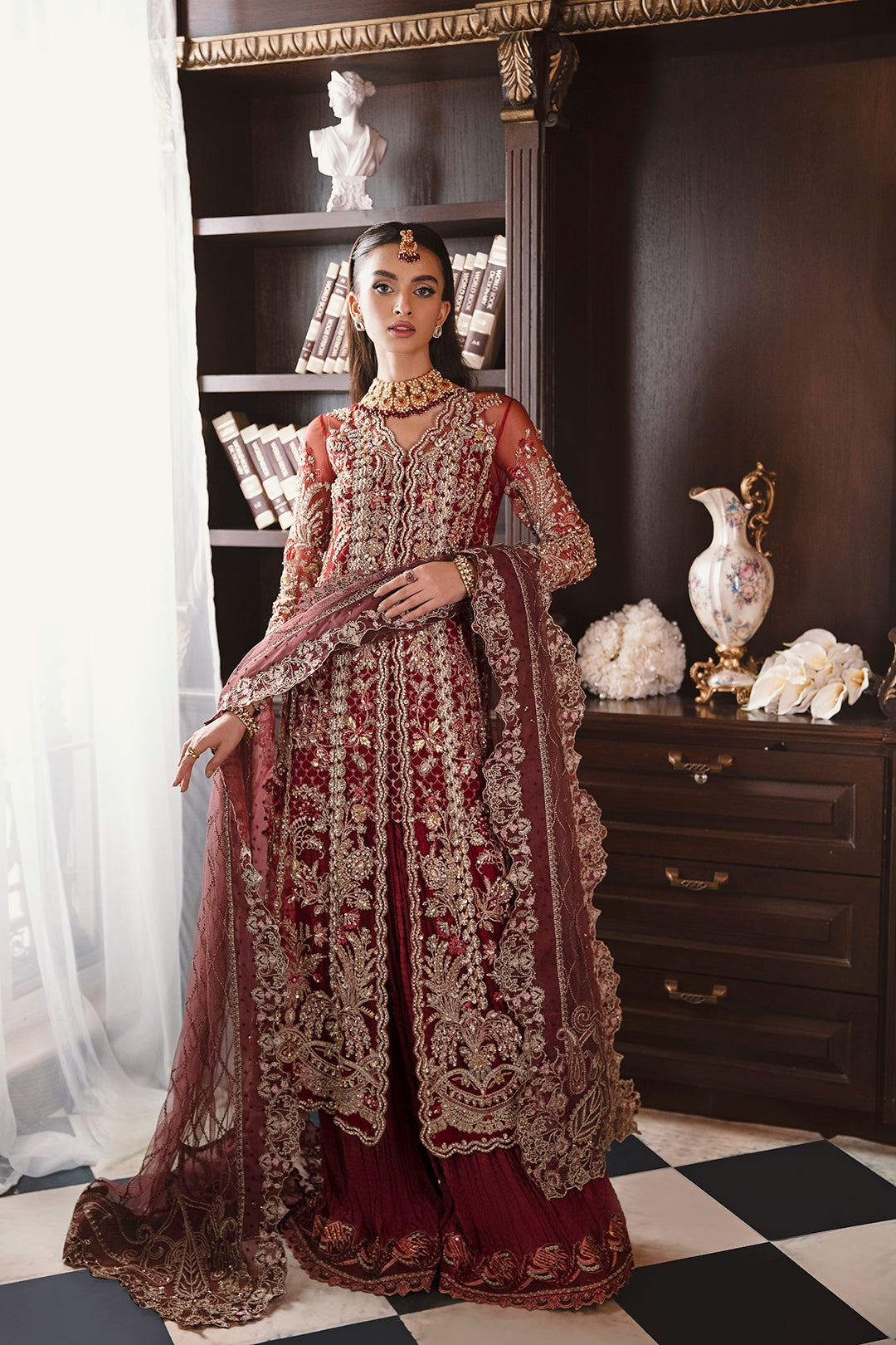 Deep Maroon Embroidered Net Sharara Set (3-Piece) - Image 1