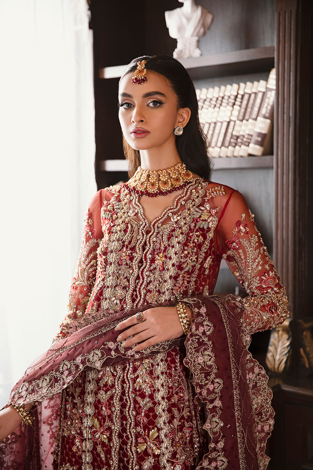 Deep Maroon Embroidered Net Sharara Set (3-Piece) - Image 2