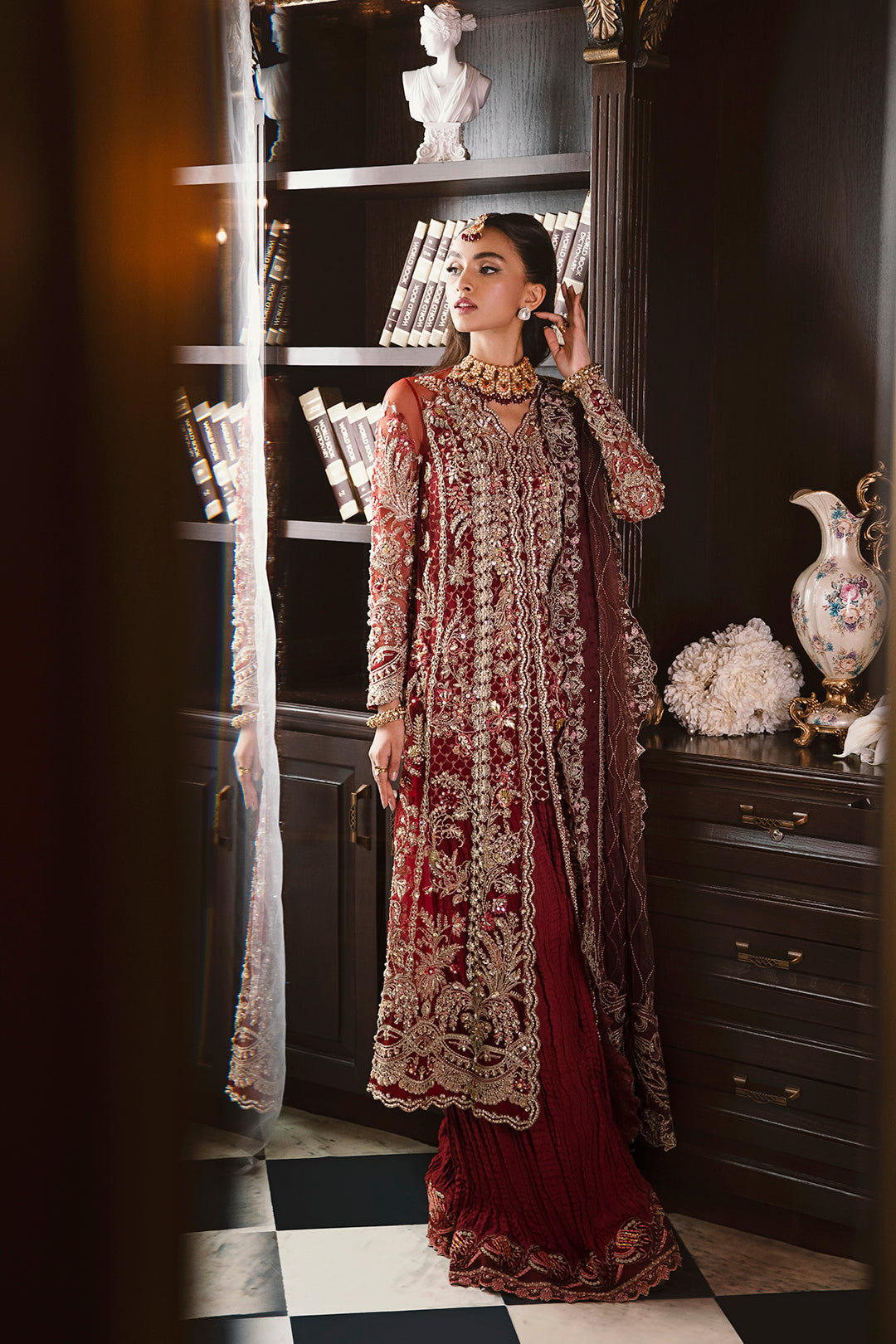 Deep Maroon Embroidered Net Sharara Set (3-Piece) - Image 3