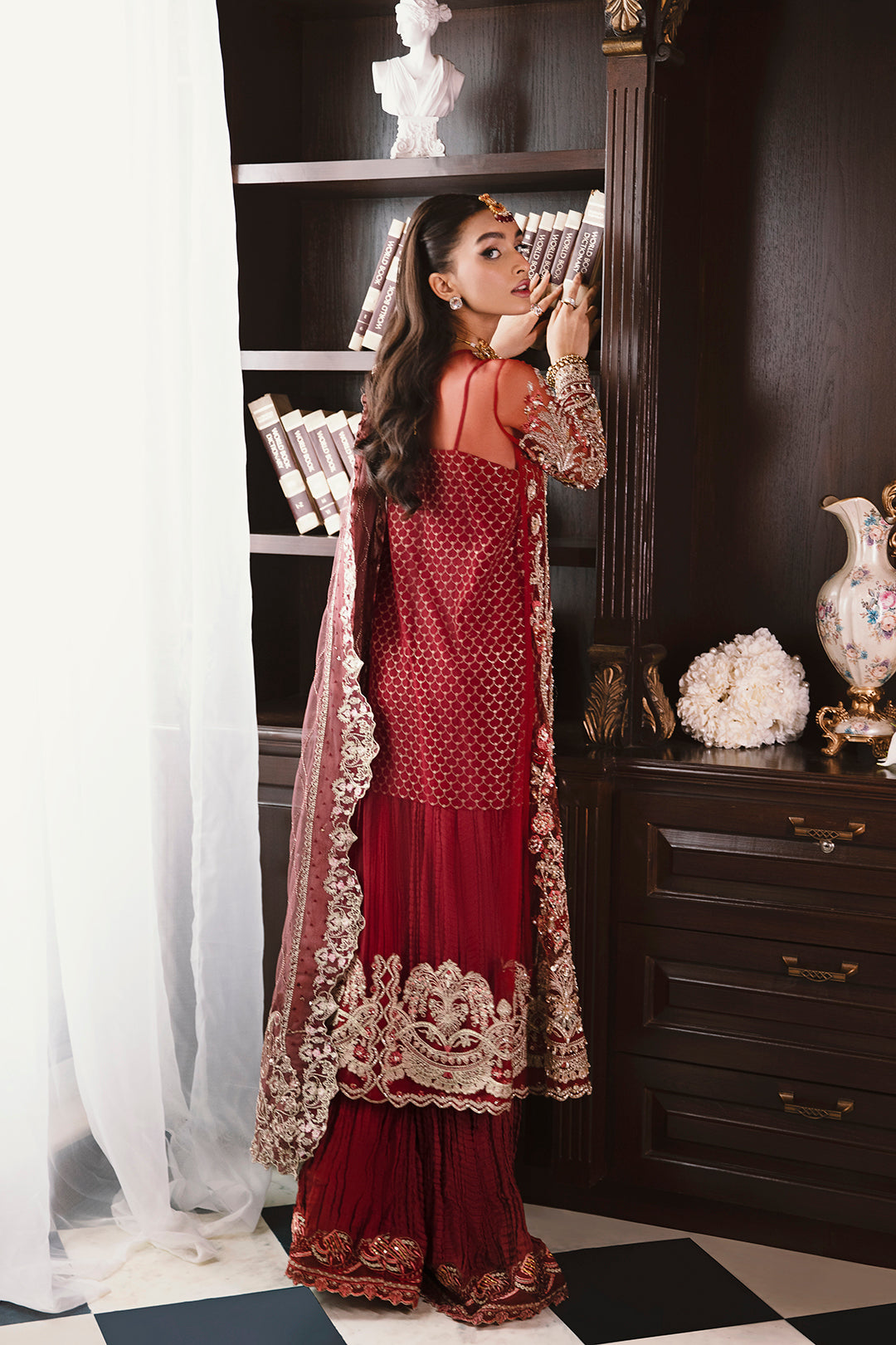 Deep Maroon Embroidered Net Sharara Set (3-Piece) - Image 4