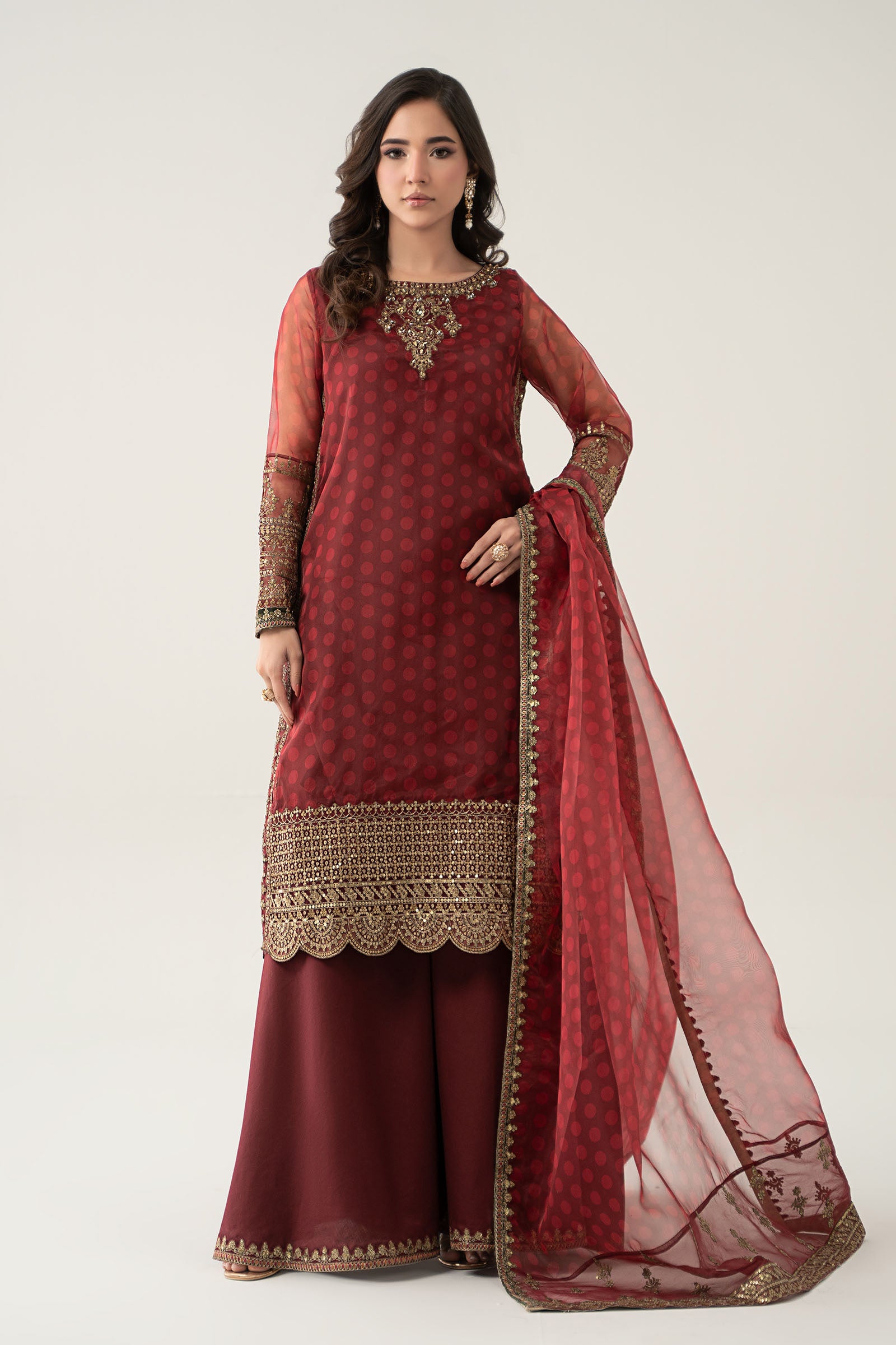 Maroon Embroidered Organza Sharara Set (3-Piece) - Image 1