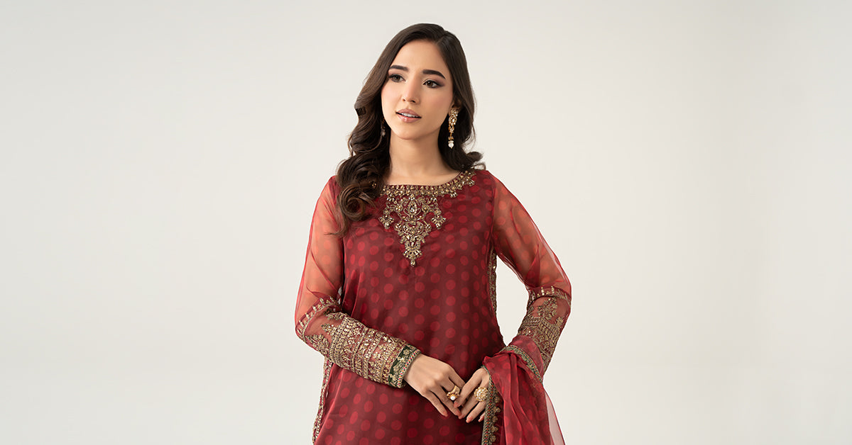 Maroon Embroidered Organza Sharara Set (3-Piece) - Image 10