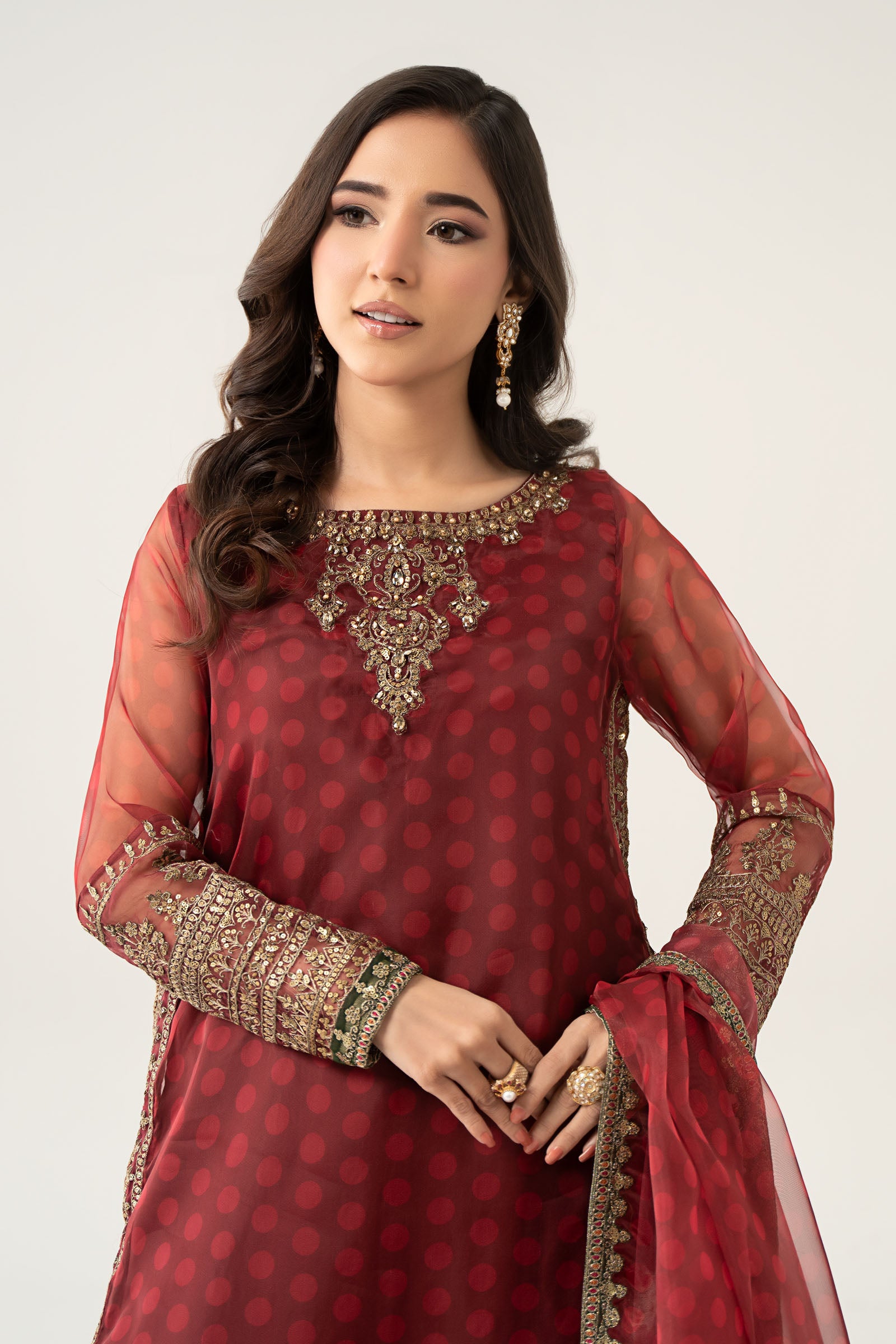Maroon Embroidered Organza Sharara Set (3-Piece) - Image 2
