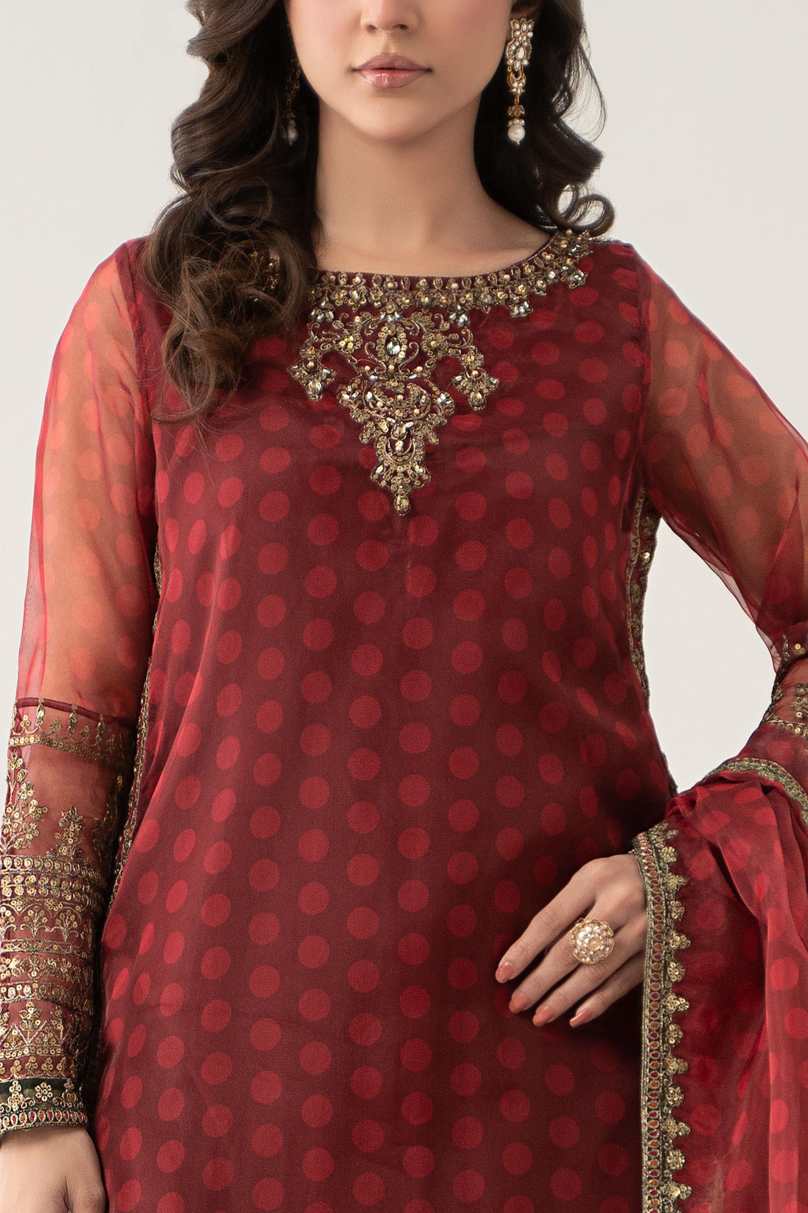 Maroon Embroidered Organza Sharara Set (3-Piece) - Image 4
