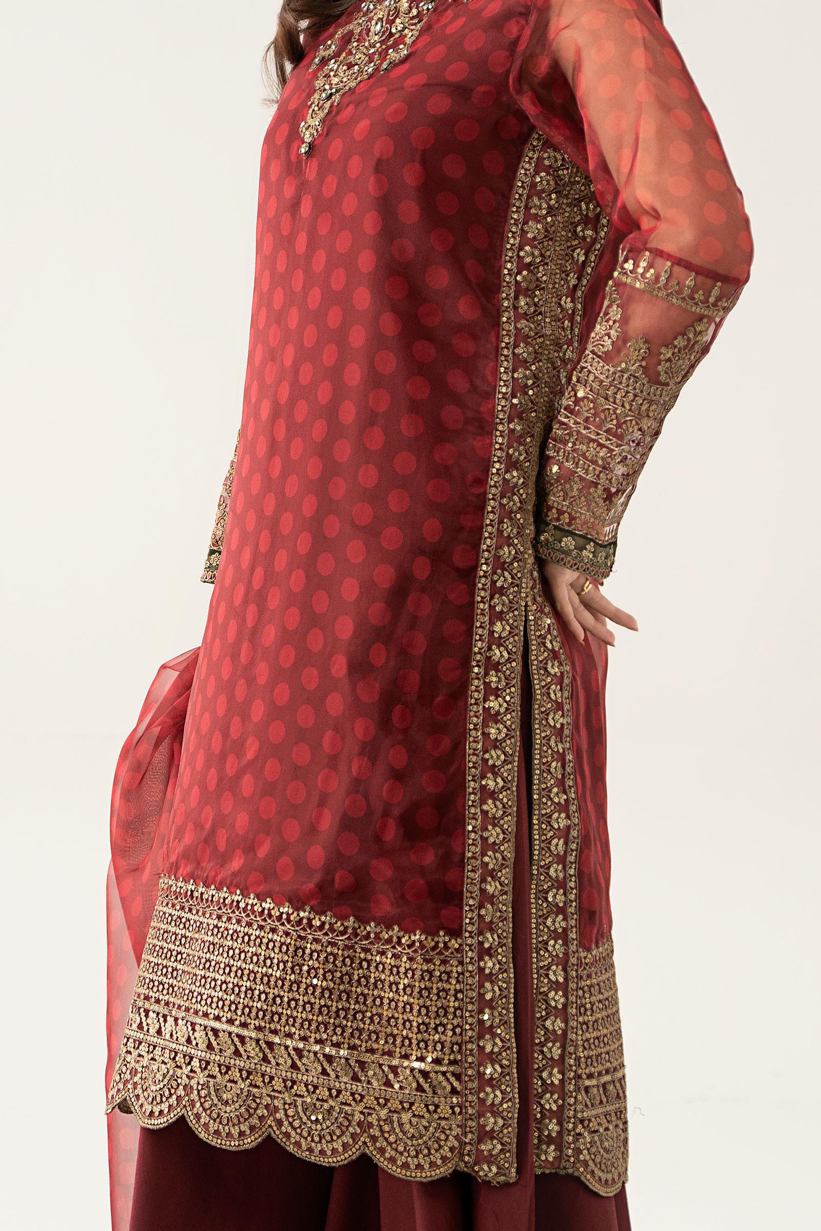 Maroon Embroidered Organza Sharara Set (3-Piece) - Image 6