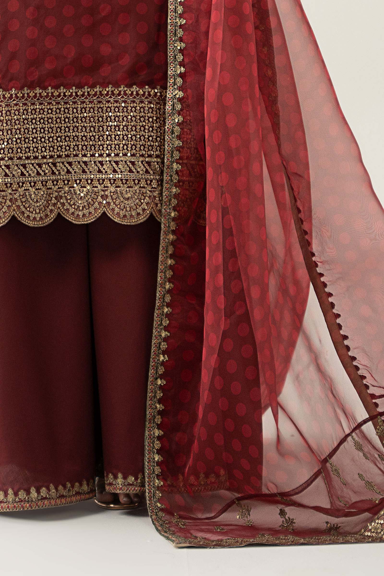 Maroon Embroidered Organza Sharara Set (3-Piece) - Image 8