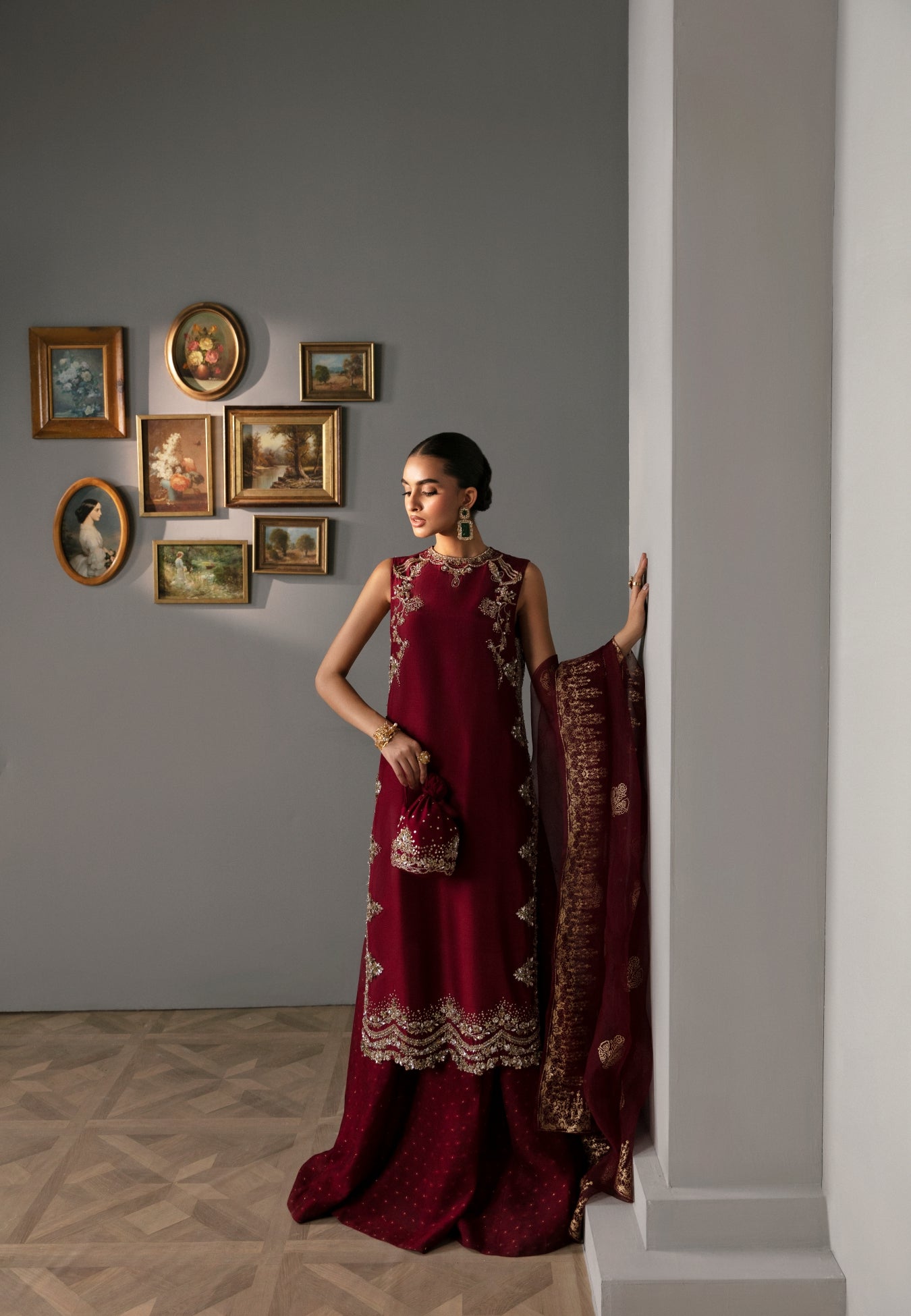 Pakistani Deep Maroon Embellished Raw Silk Sharara (3-Piece) - Image 1