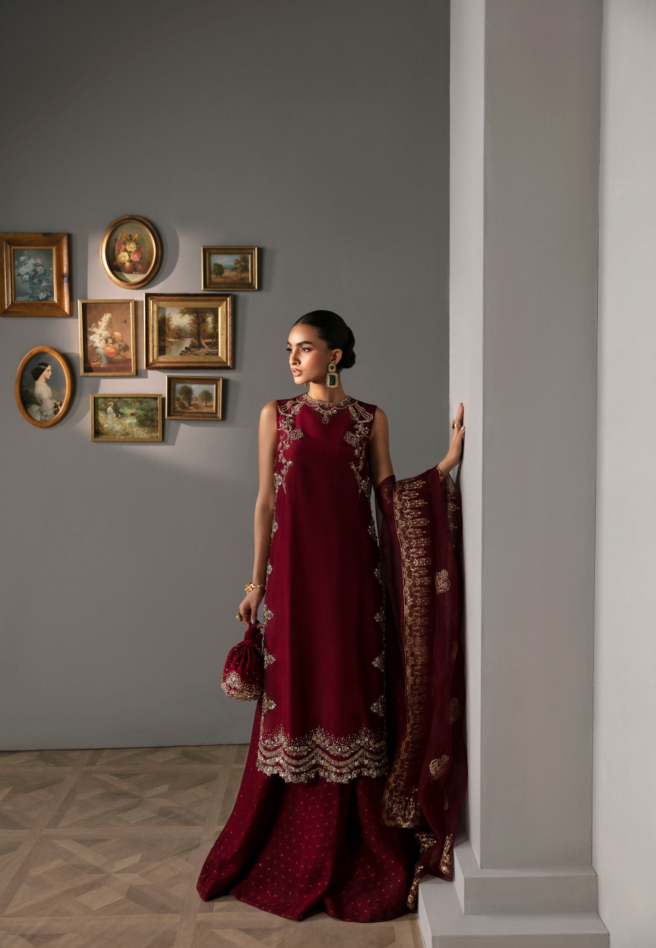 Pakistani Deep Maroon Embellished Raw Silk Sharara (3-Piece) - Image 2