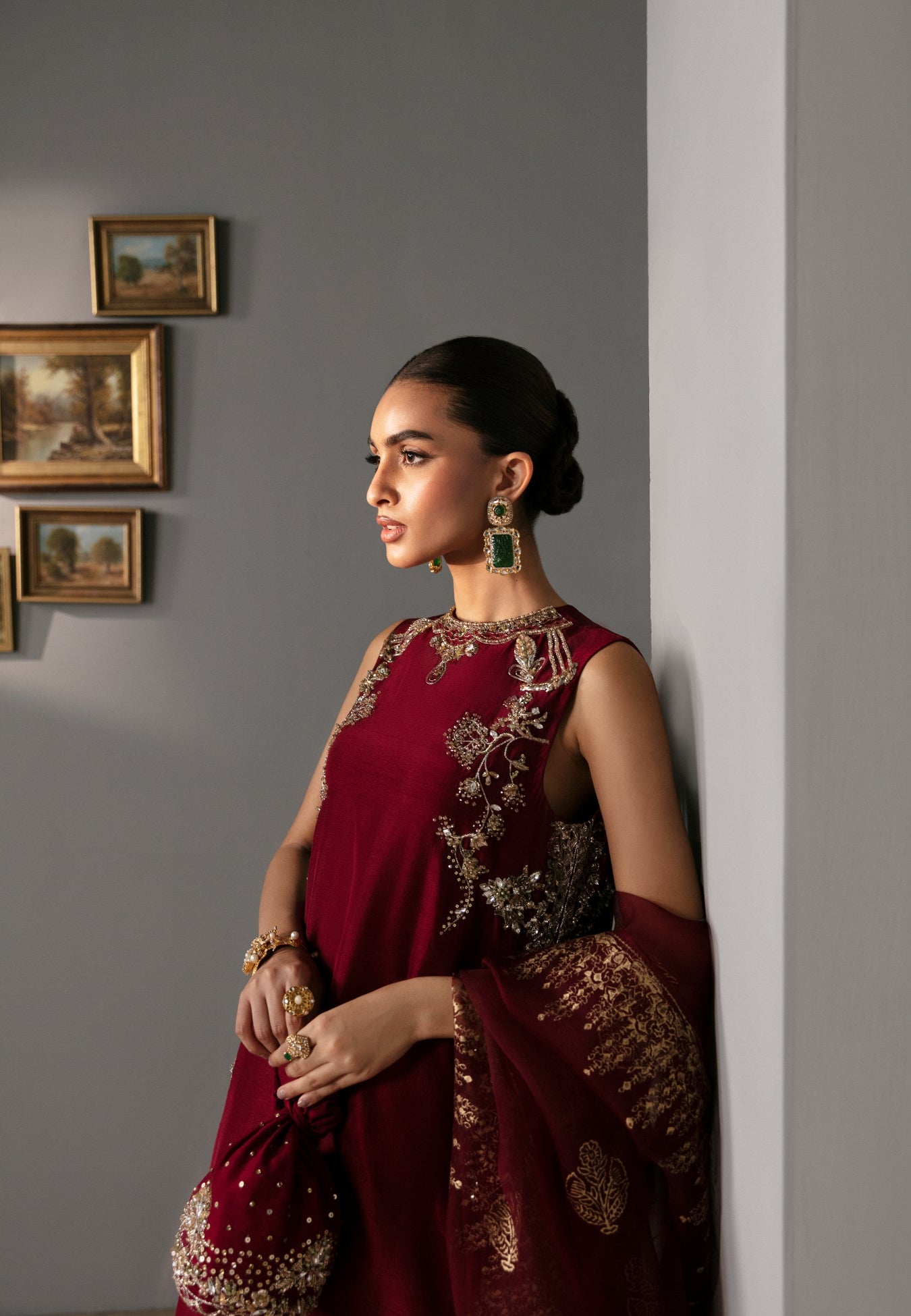 Pakistani Deep Maroon Embellished Raw Silk Sharara (3-Piece) - Image 3