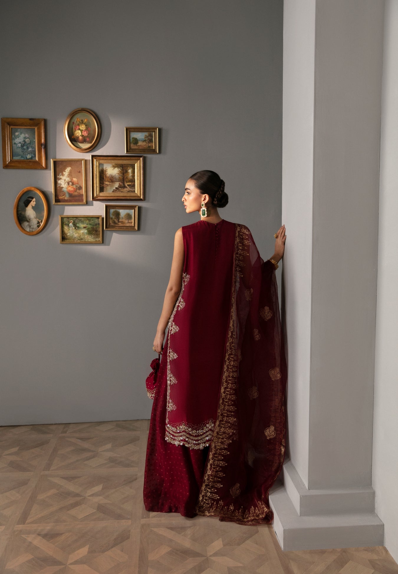 Pakistani Deep Maroon Embellished Raw Silk Sharara (3-Piece) - Image 5