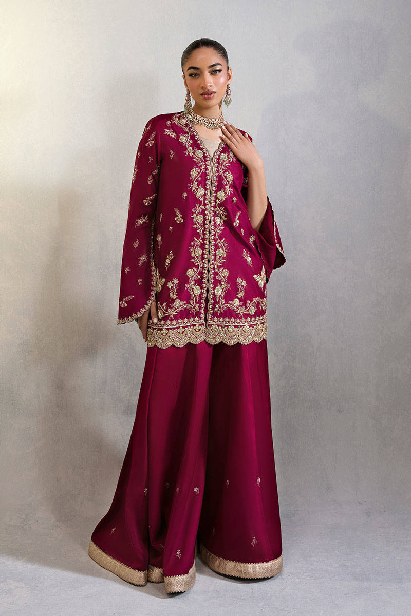 Pakistani Burgundy Embroidered Raw Silk Sharara (2-Piece) - Image 1