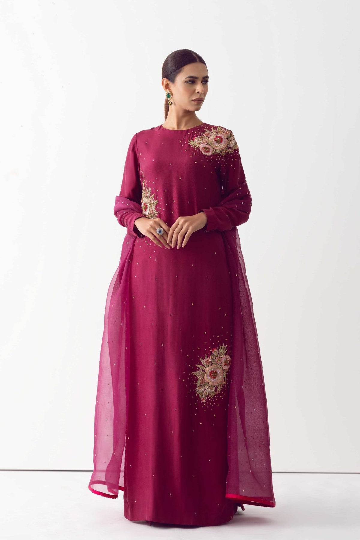 Wine Zardozi Embroidered Raw Silk Sharara (3-Piece) - Image 1