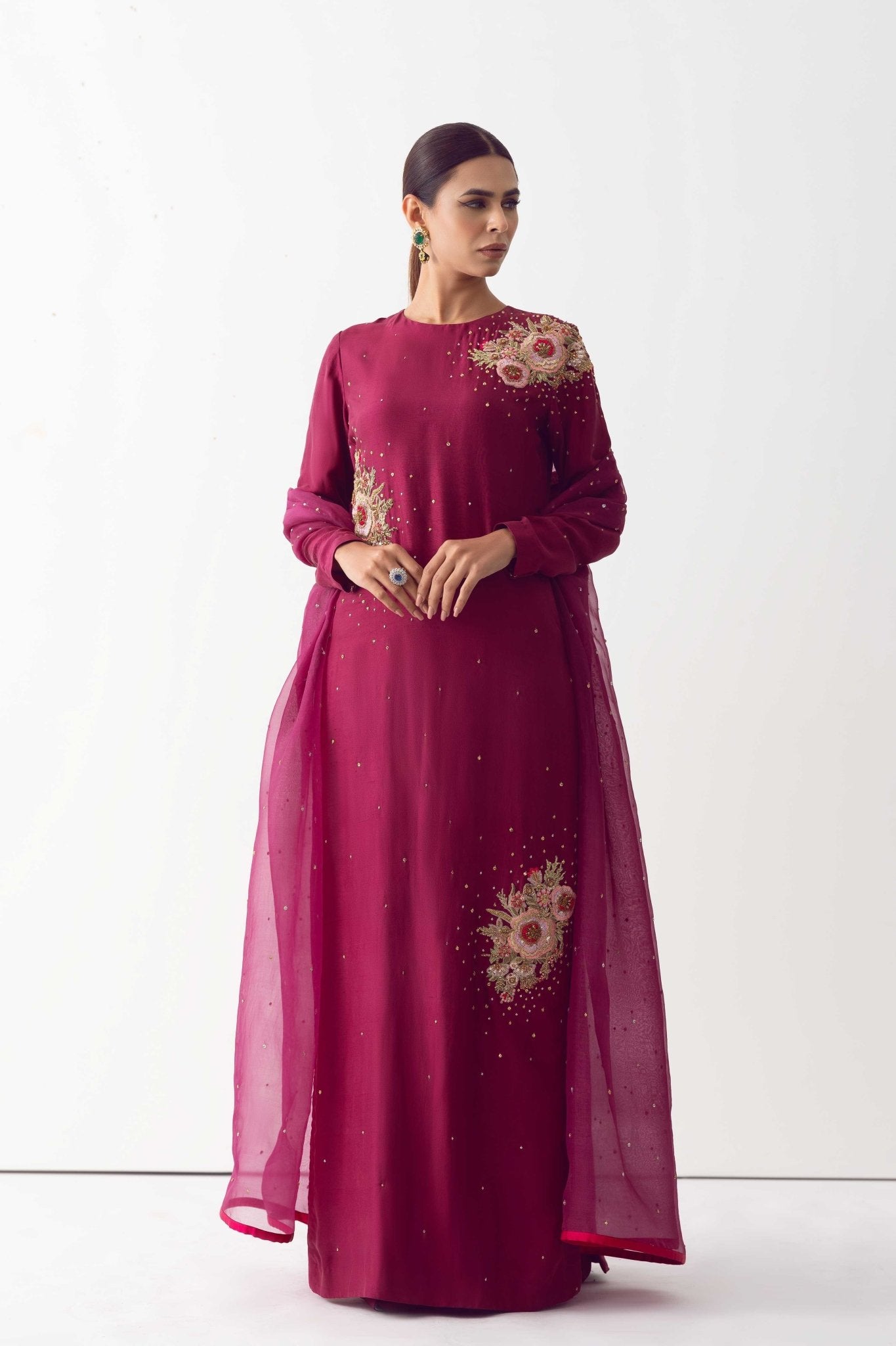 Wine Zardozi Embroidered Raw Silk Sharara (3-Piece) - Image 2
