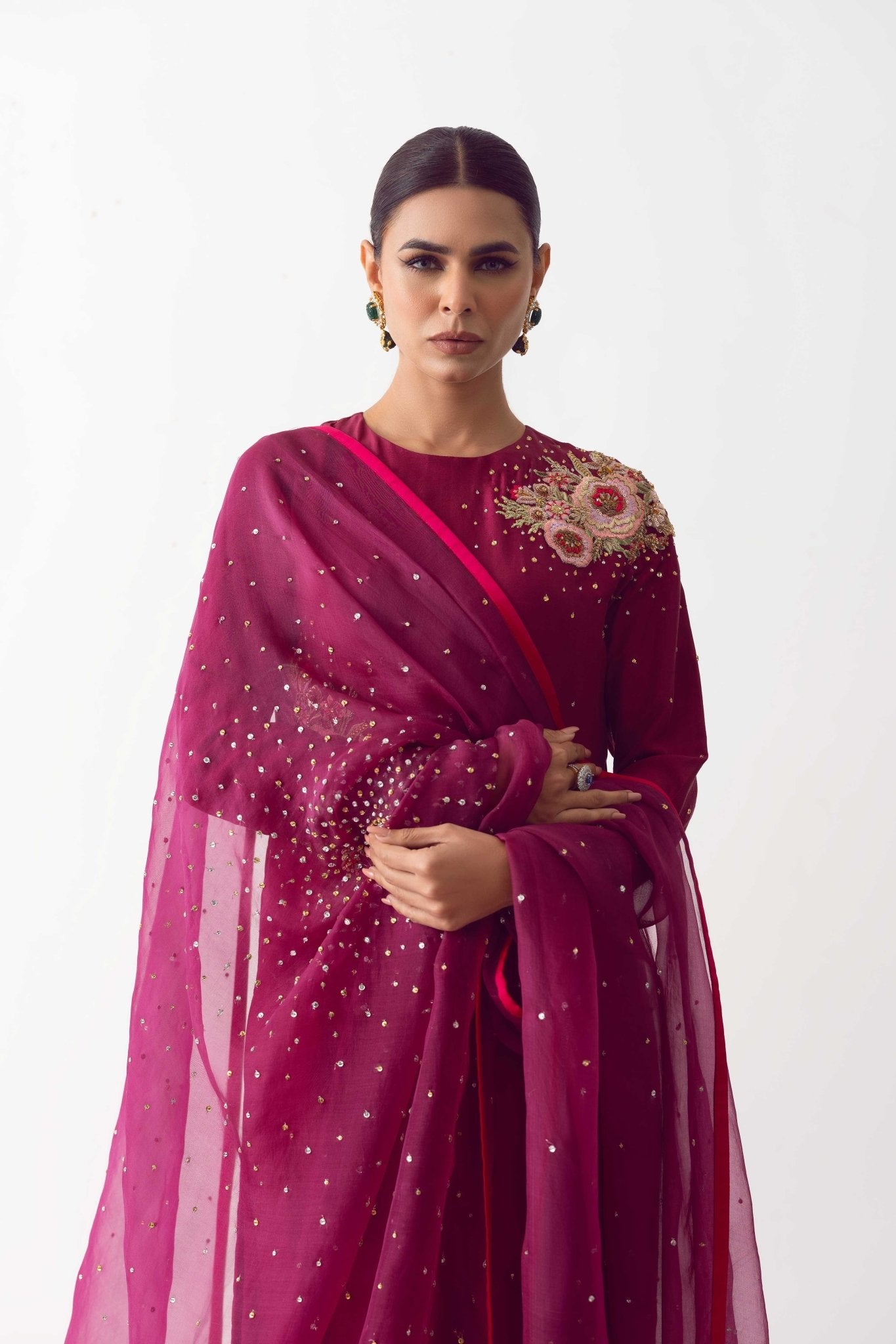 Wine Zardozi Embroidered Raw Silk Sharara (3-Piece) - Image 3