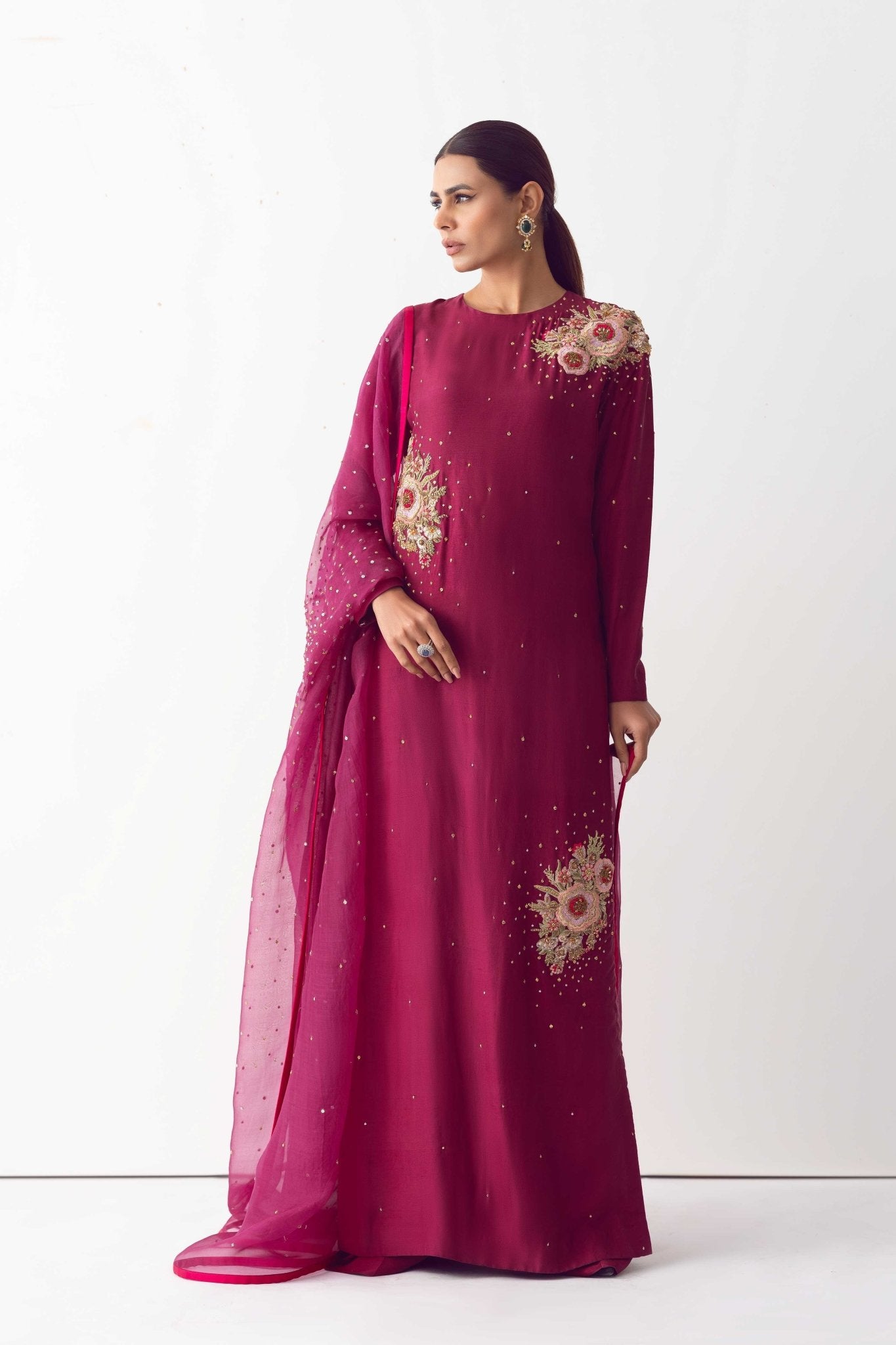 Wine Zardozi Embroidered Raw Silk Sharara (3-Piece) - Image 7