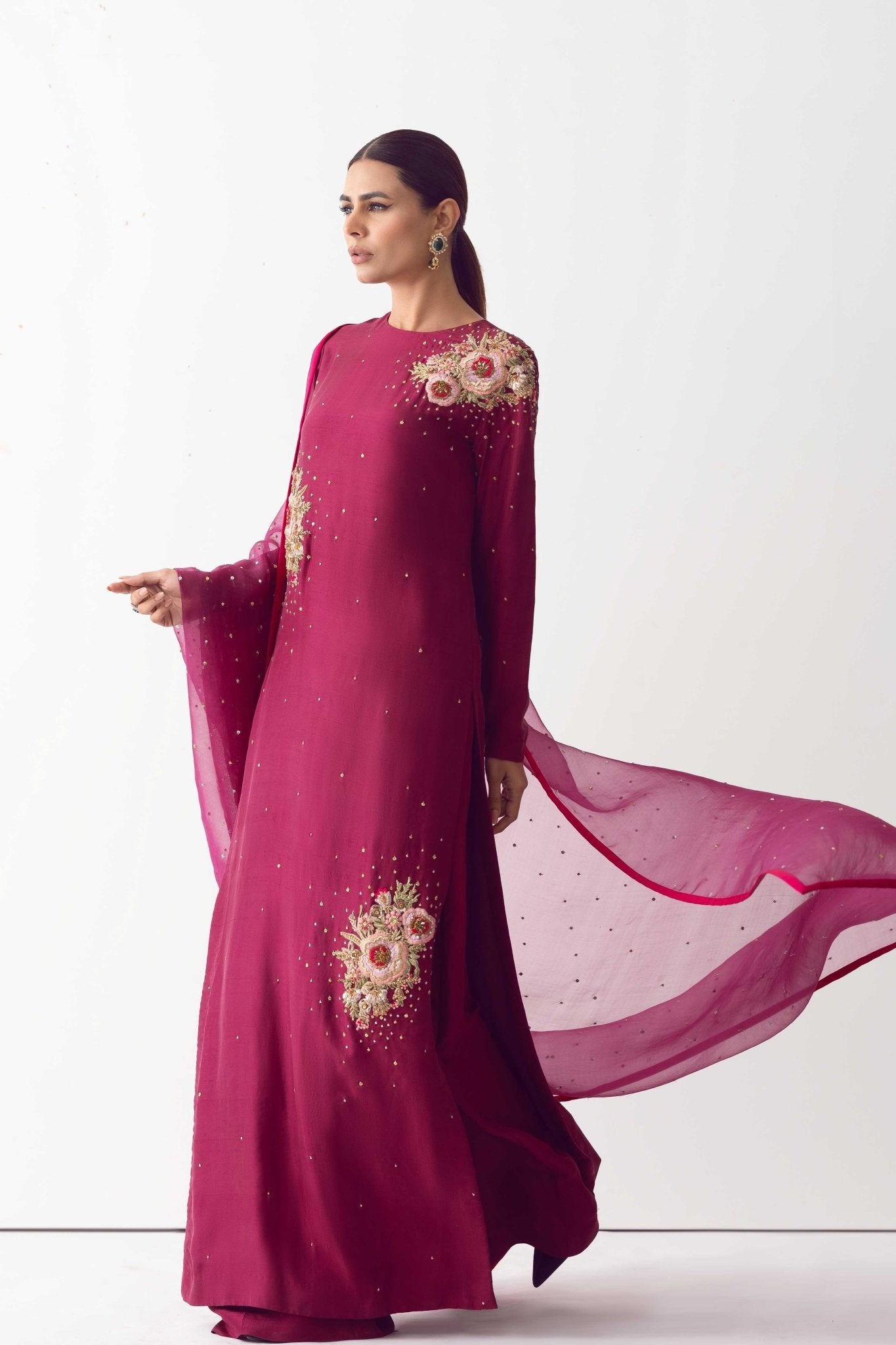 Wine Zardozi Embroidered Raw Silk Sharara (3-Piece) - Image 8