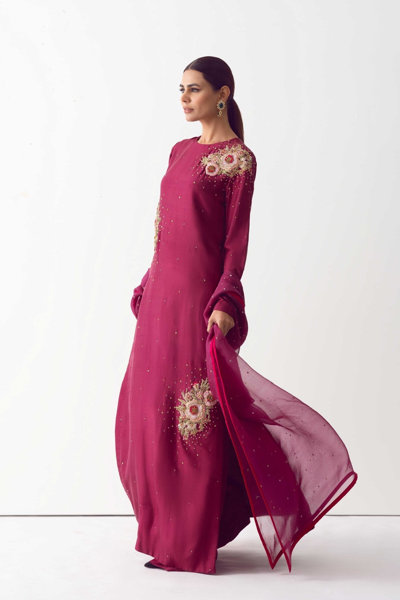 Pakistani Wine Zardozi-Embroidered Raw Silk Sharara (3-Piece) - Image 4