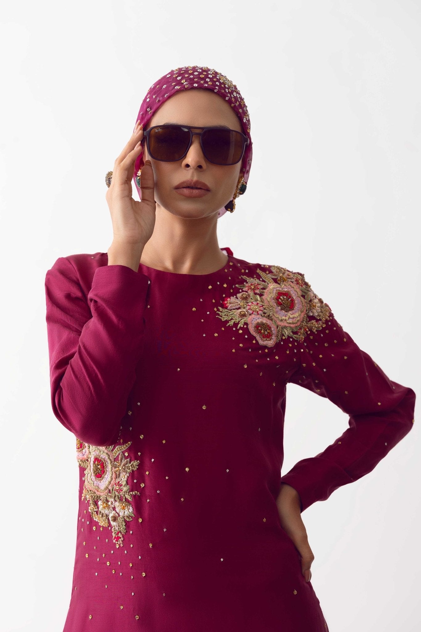 Pakistani Wine Zardozi-Embroidered Raw Silk Sharara (3-Piece) - Image 5