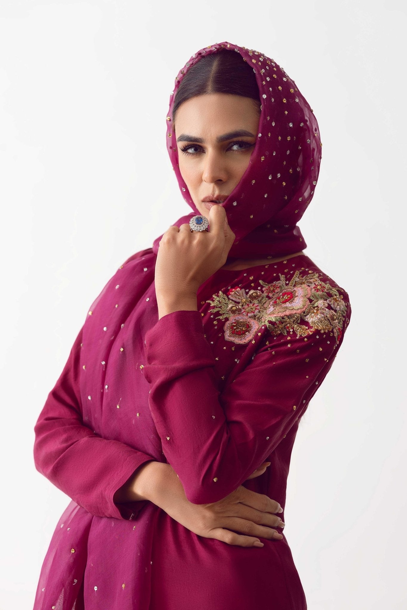 Pakistani Wine Zardozi-Embroidered Raw Silk Sharara (3-Piece) - Image 6