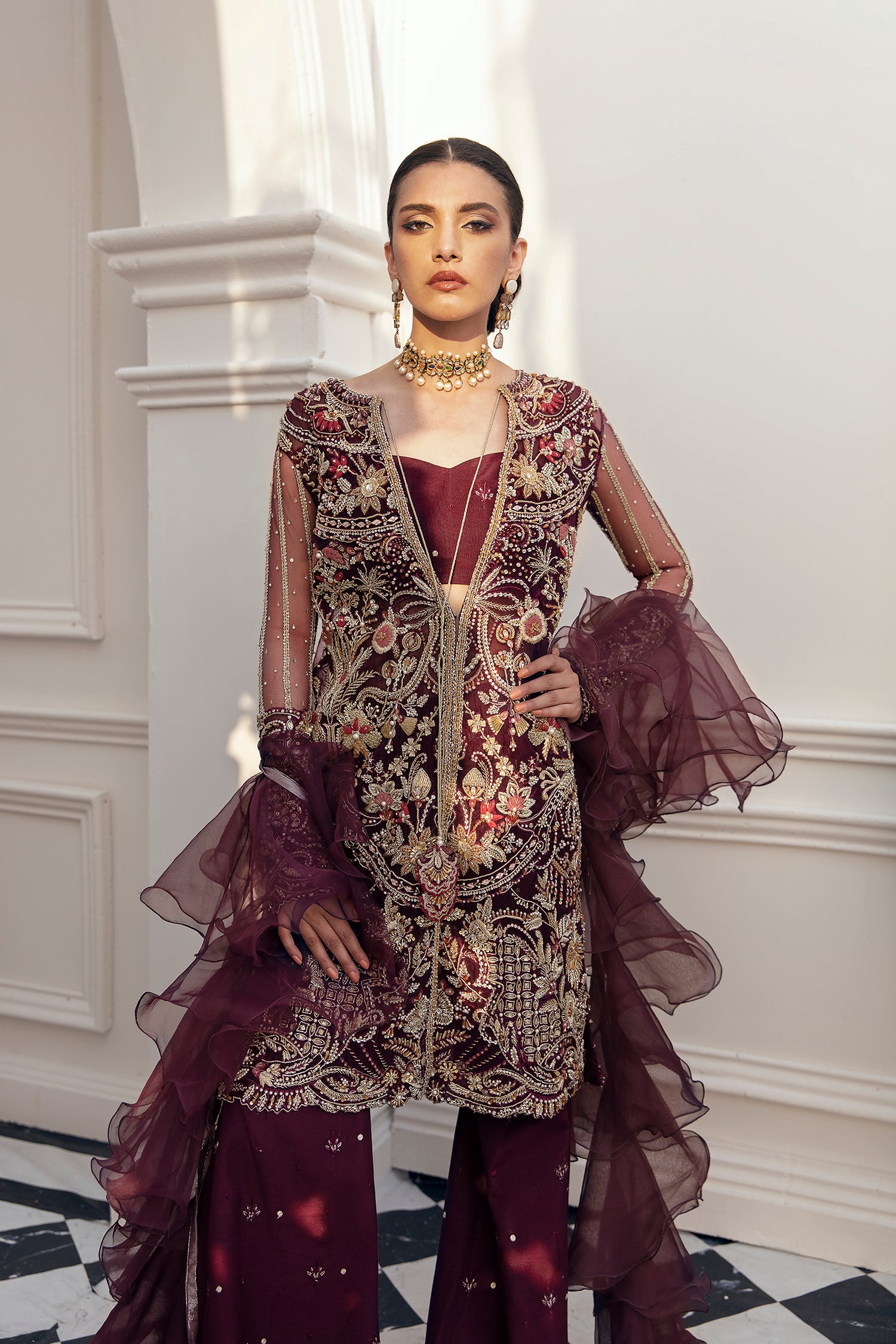 Pakistani Deep Maroon Embellished Silk-Blend Sharara (4-Piece) - Image 2