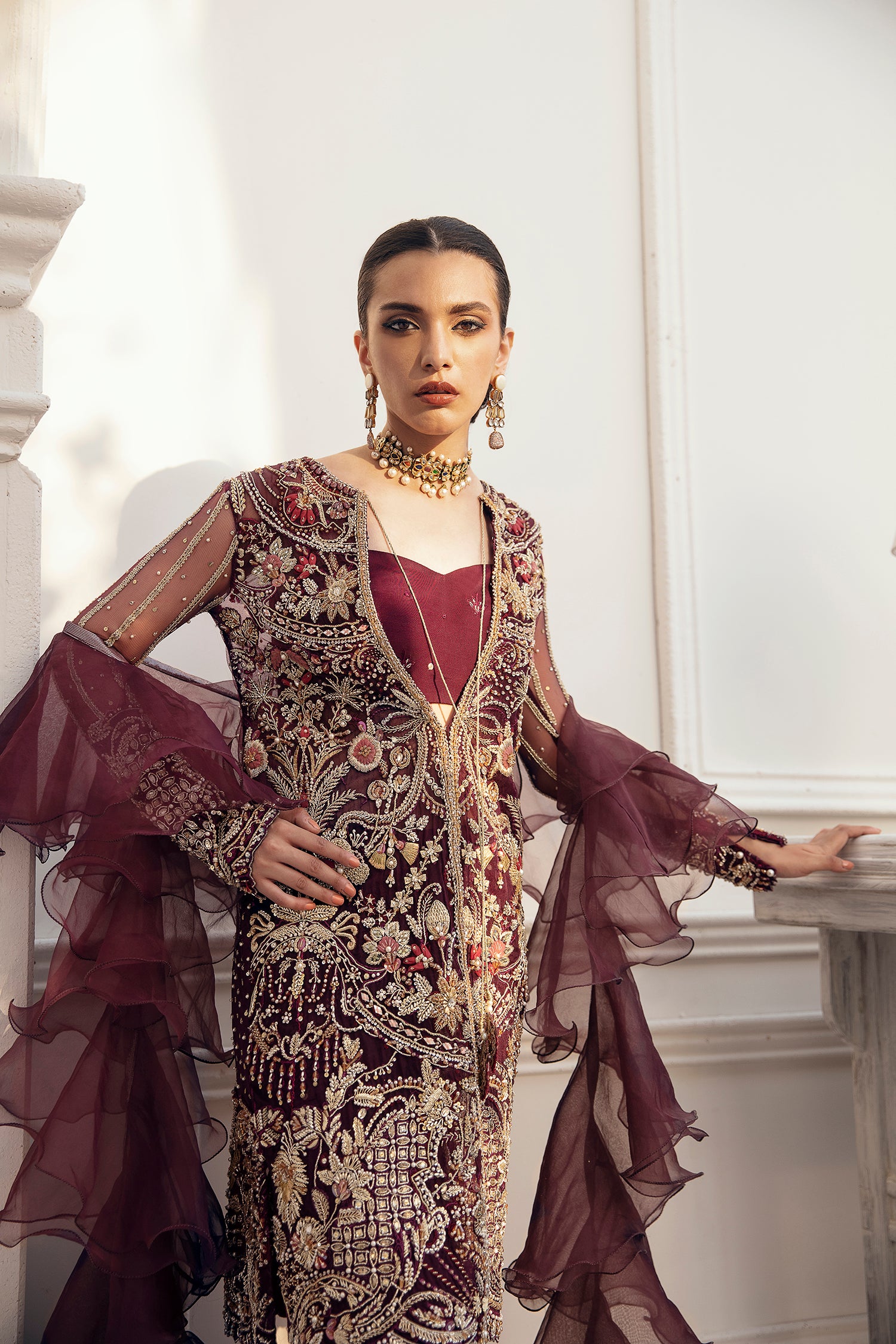 Pakistani Deep Maroon Embellished Silk-Blend Sharara (4-Piece) - Image 3