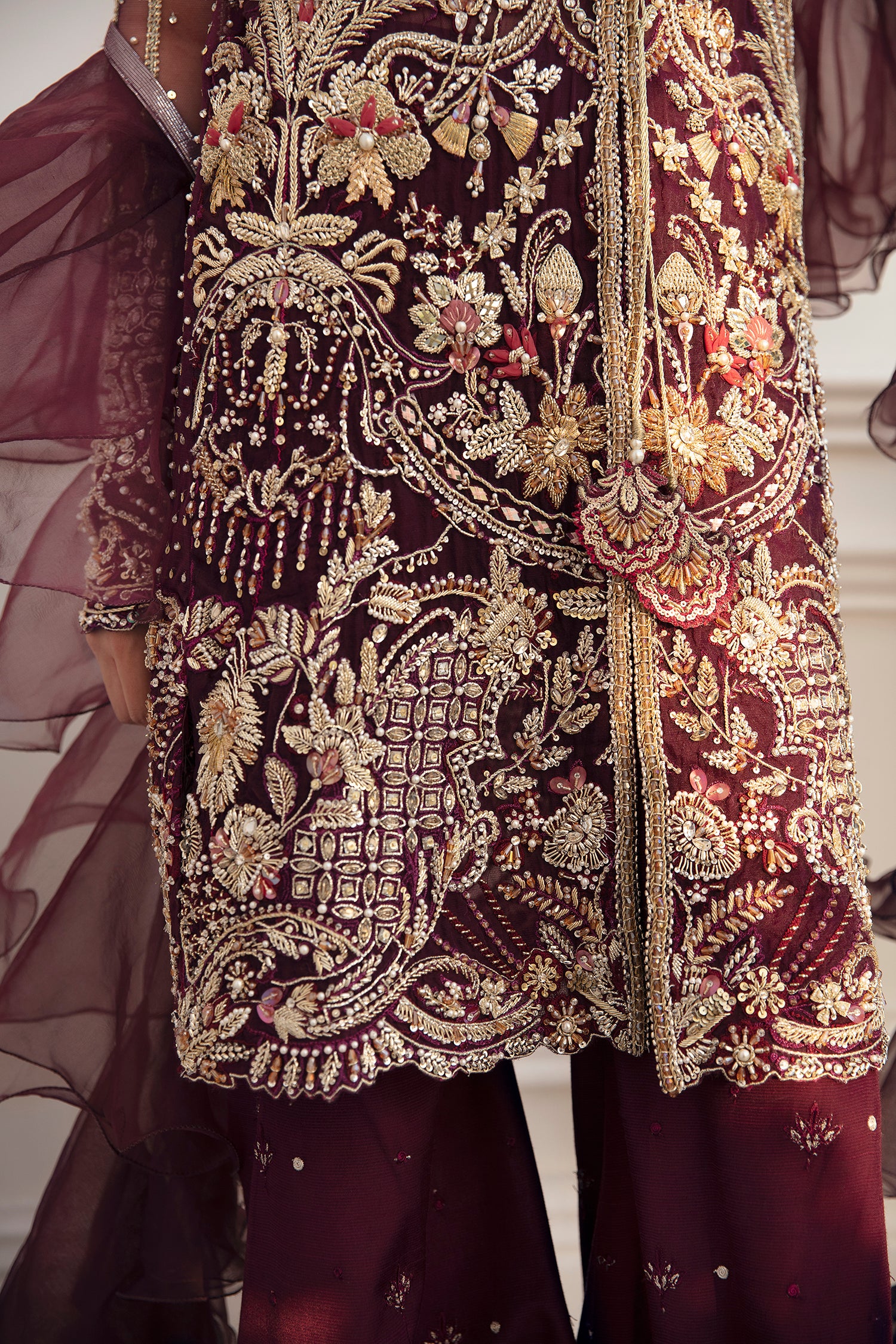 Pakistani Deep Maroon Embellished Silk-Blend Sharara (4-Piece) - Image 4