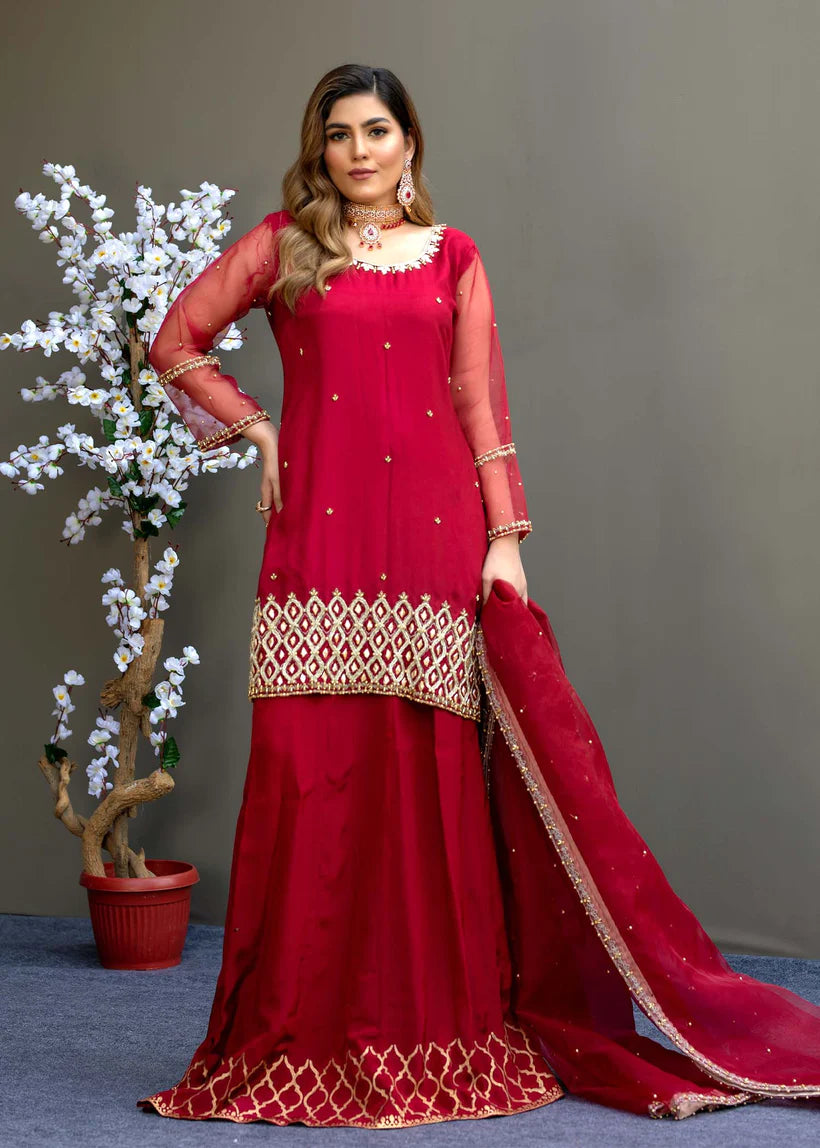 Maroon Embroidered Silk & Organza Sharara (3-Piece) - Image 1