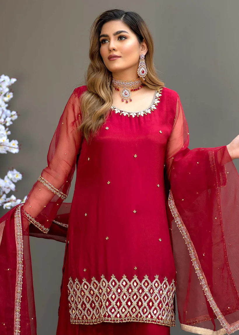 Maroon Embroidered Silk & Organza Sharara (3-Piece) - Image 2