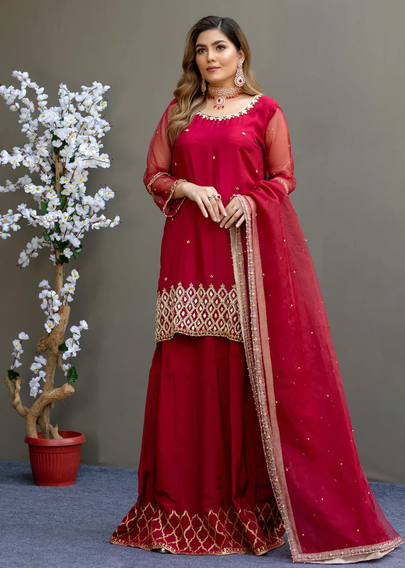 Maroon Embroidered Silk & Organza Sharara (3-Piece) - Image 3