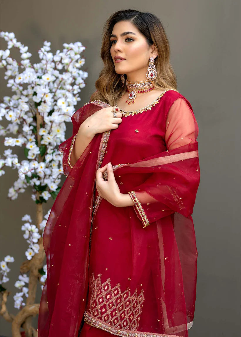 Maroon Embroidered Silk & Organza Sharara (3-Piece) - Image 4