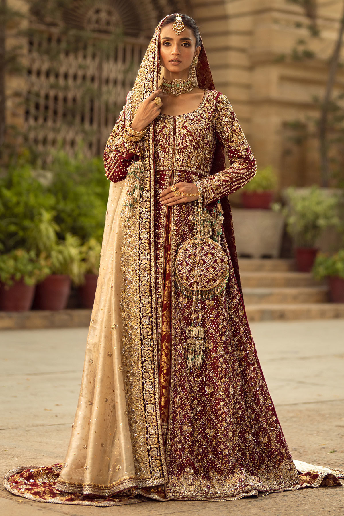 Deep Maroon Zardozi Silk Net Bridal Sharara (3-Piece) - Image 1