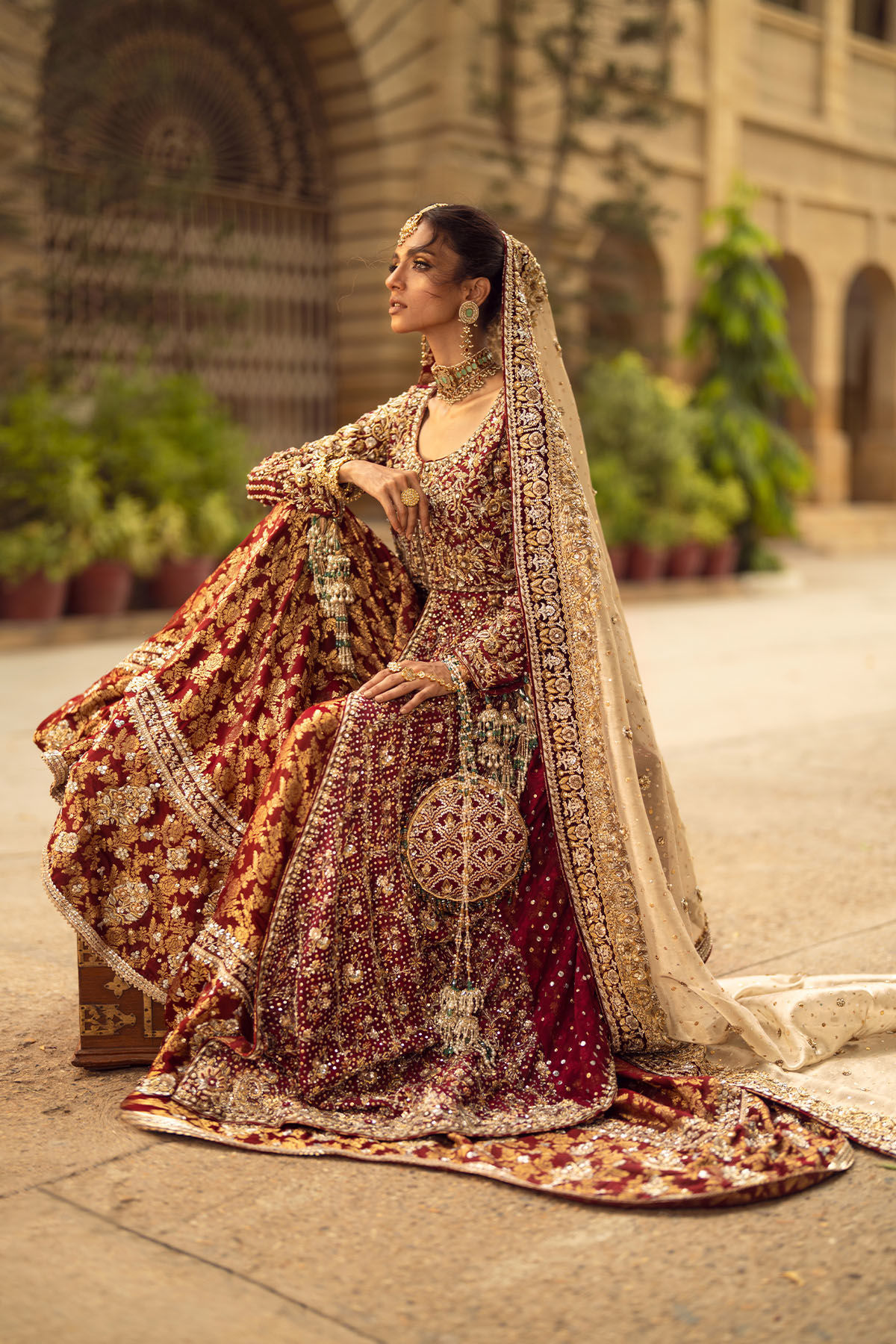 Deep Maroon Zardozi Silk Net Bridal Sharara (3-Piece) - Image 11