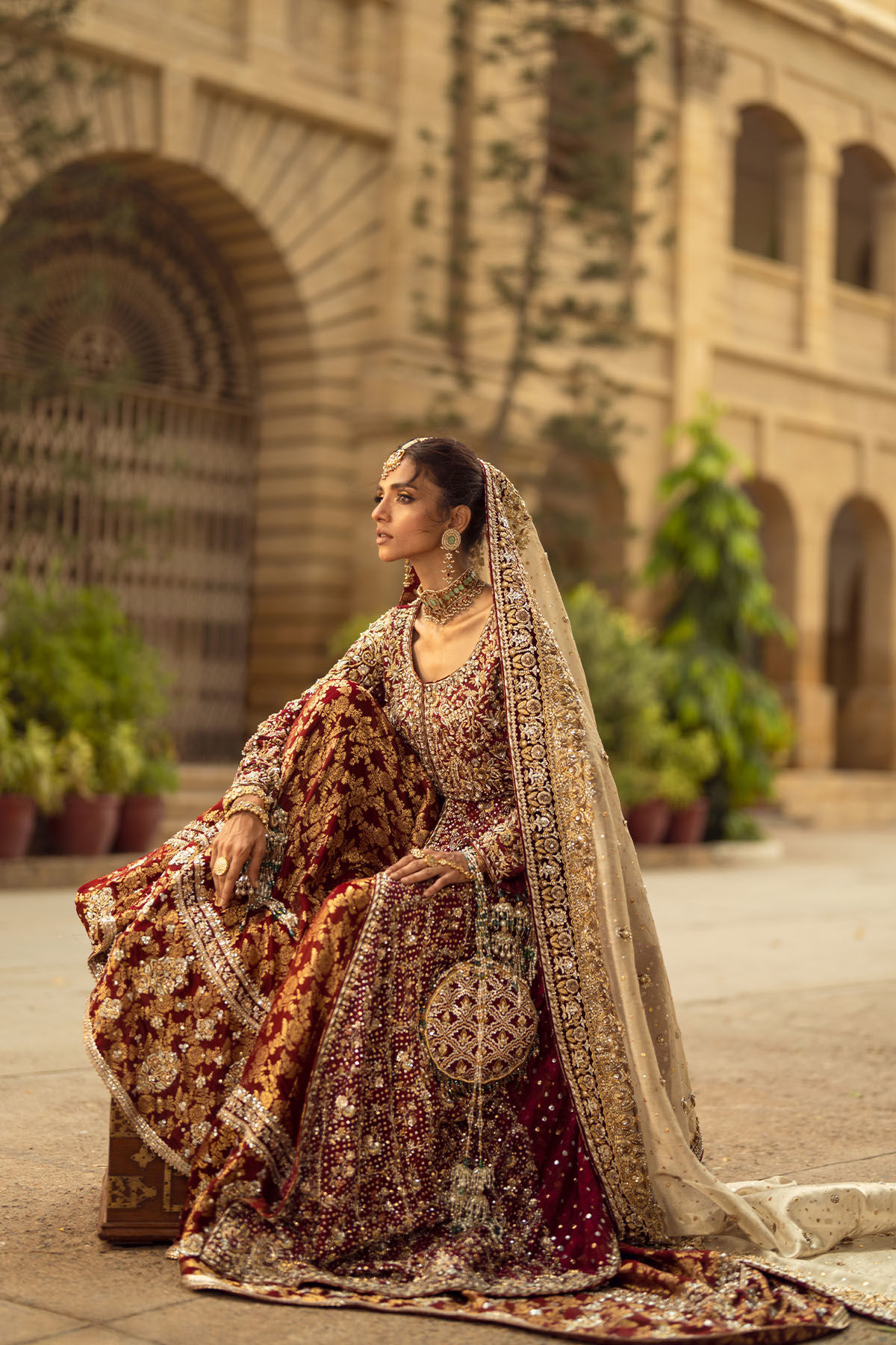 Deep Maroon Zardozi Silk Net Bridal Sharara (3-Piece) - Image 13