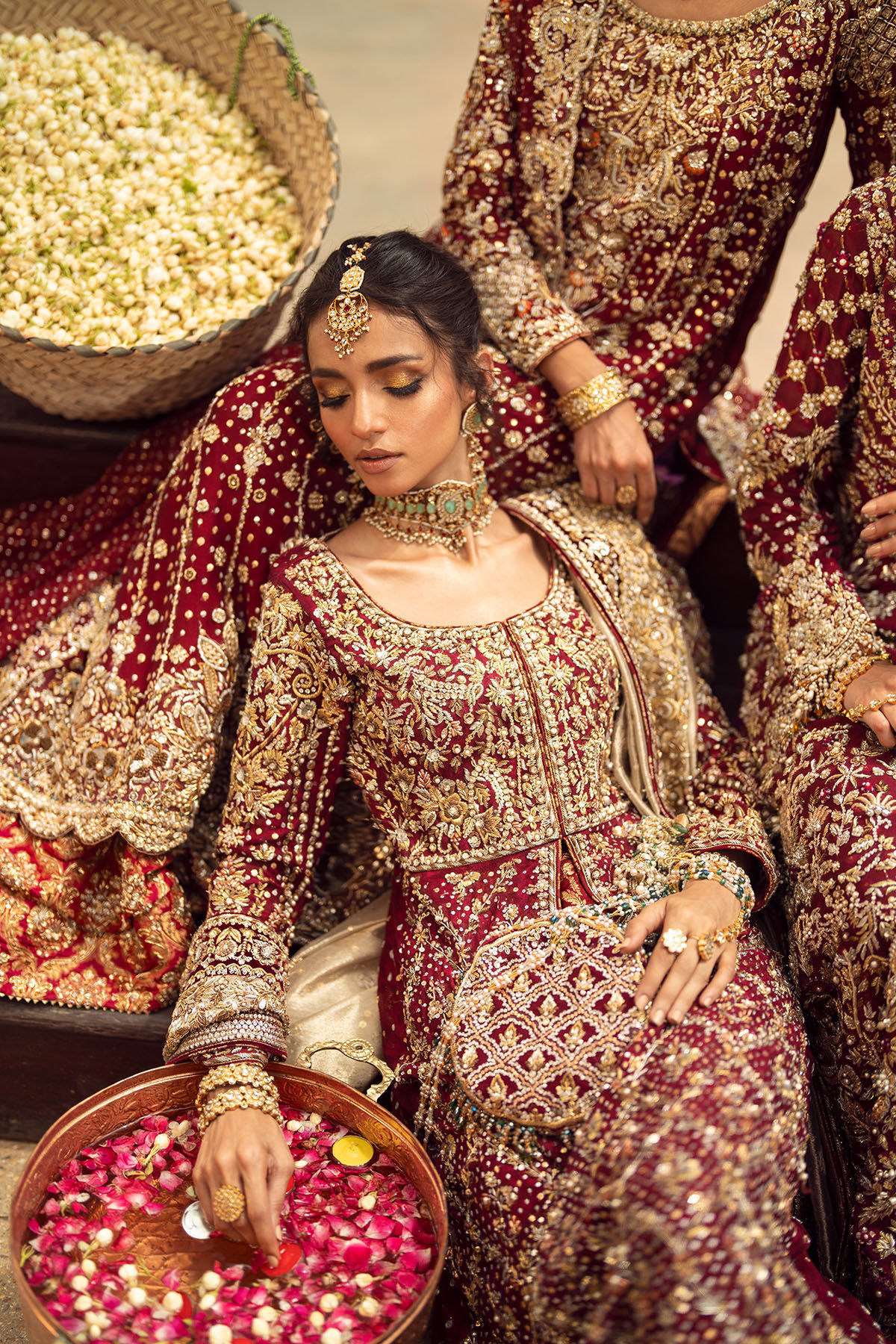 Deep Maroon Zardozi Silk Net Bridal Sharara (3-Piece) - Image 19