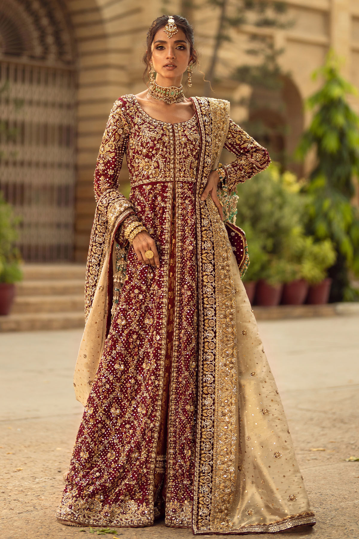 Deep Maroon Zardozi Silk Net Bridal Sharara (3-Piece) - Image 3