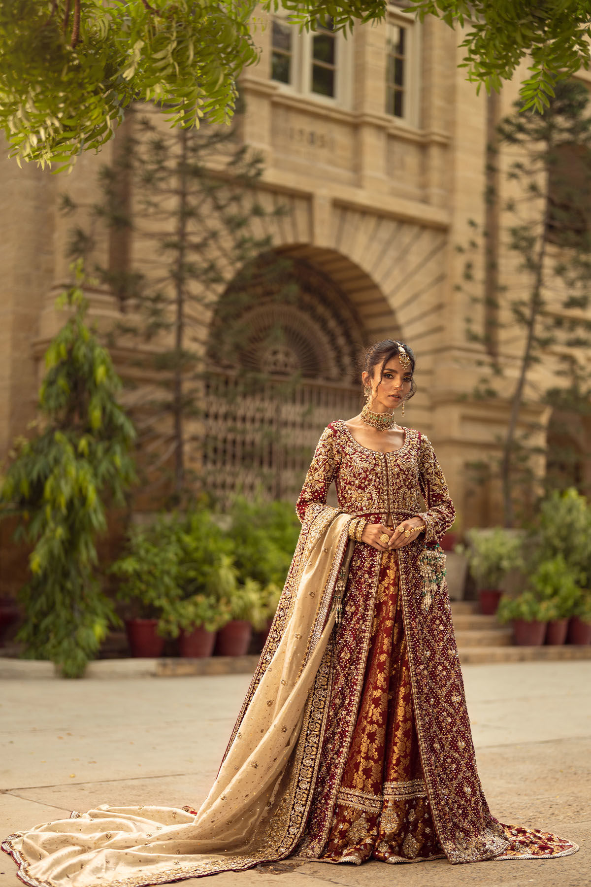 Deep Maroon Zardozi Silk Net Bridal Sharara (3-Piece) - Image 9