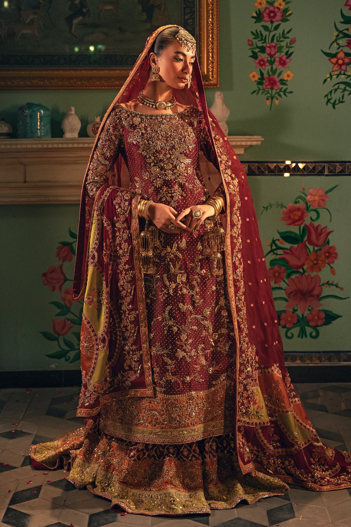 Pakistani Deep Maroon Embroidered Silk Bridal Sharara (3-Piece) - Image 1