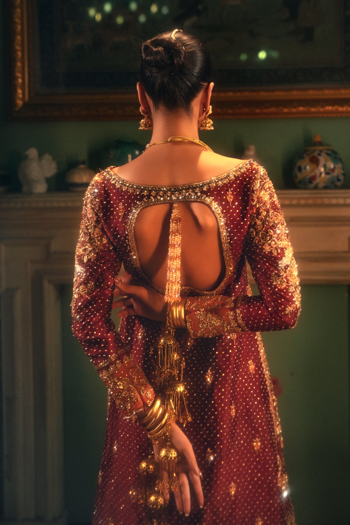 Pakistani Deep Maroon Embroidered Silk Bridal Sharara (3-Piece) - Image 2