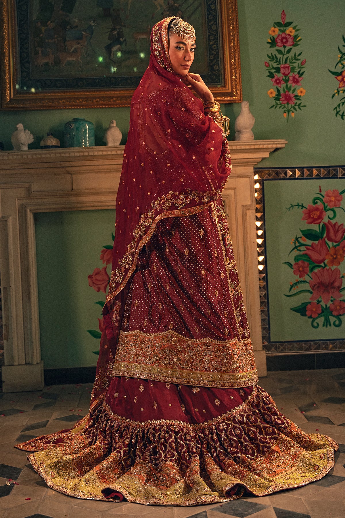 Pakistani Deep Maroon Embroidered Silk Bridal Sharara (3-Piece) - Image 3