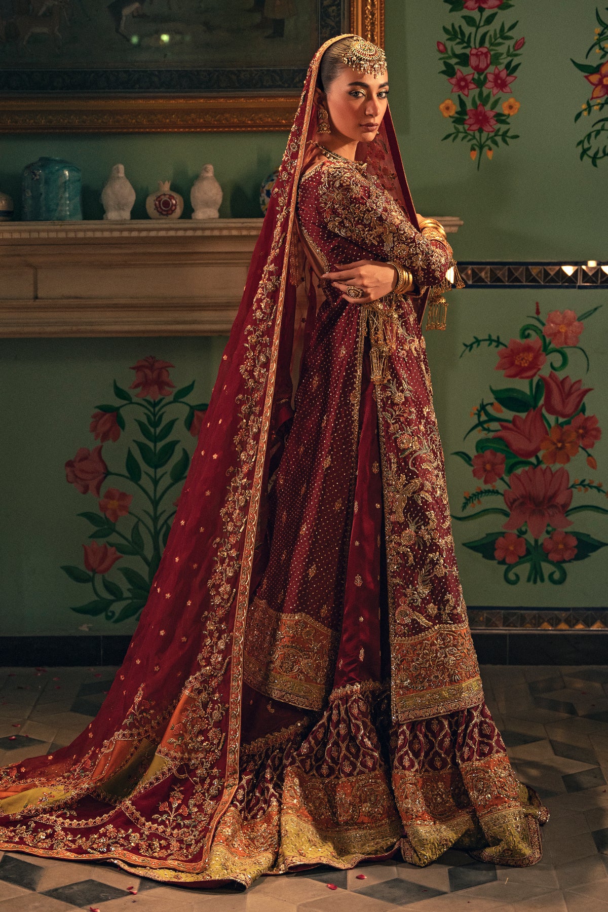 Pakistani Deep Maroon Embroidered Silk Bridal Sharara (3-Piece) - Image 5