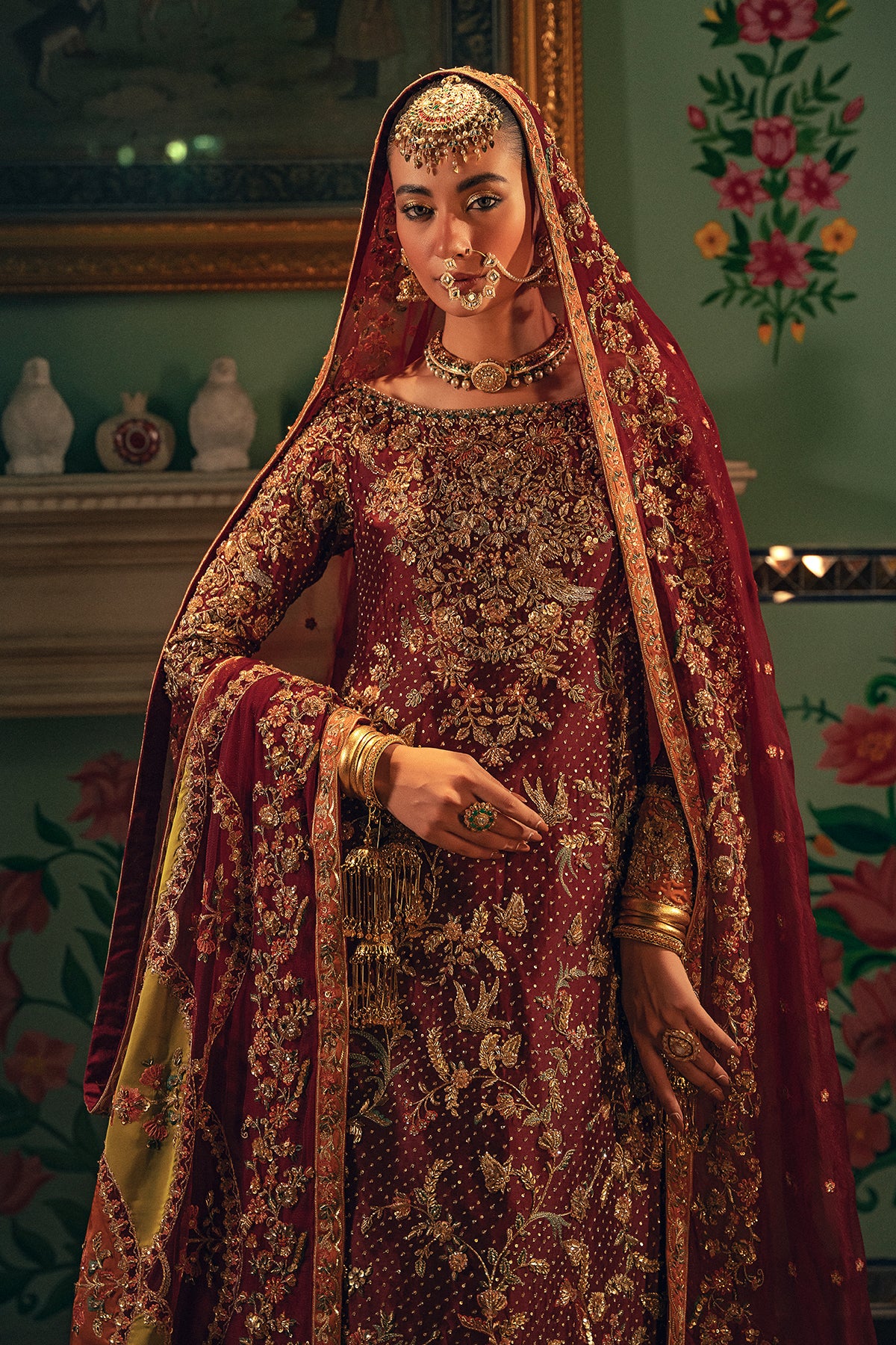 Pakistani Deep Maroon Embroidered Silk Bridal Sharara (3-Piece) - Image 6