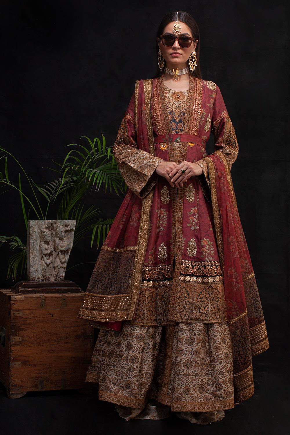 Pakistani Maroon Zardozi Silk Sharara Set (3-Piece) - Image 1