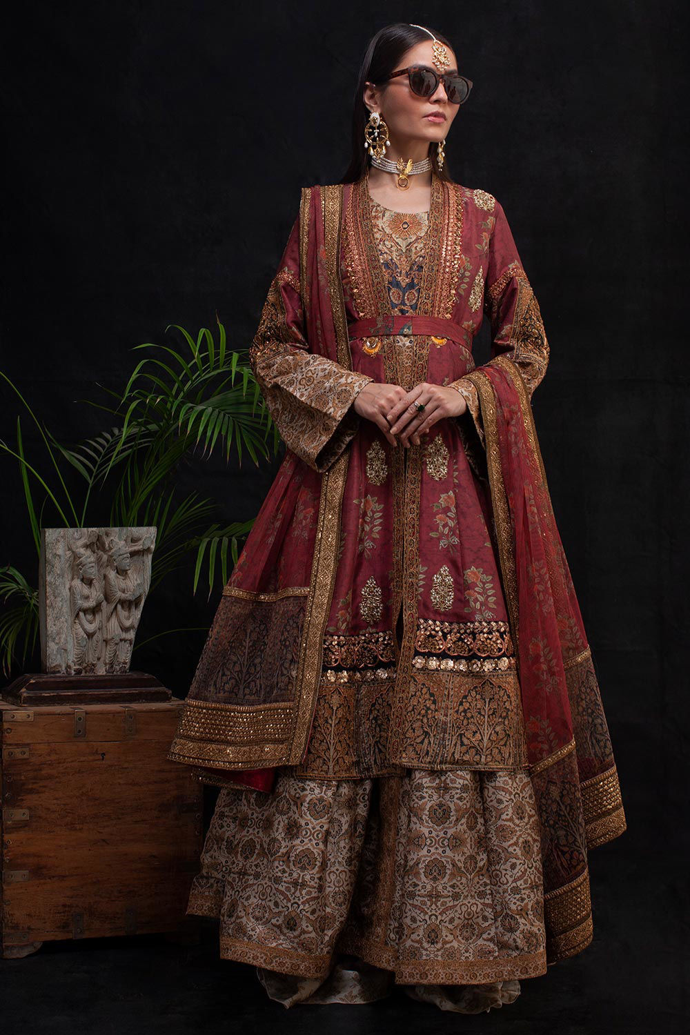 Pakistani Maroon Zardozi Silk Sharara Set (3-Piece) - Image 2