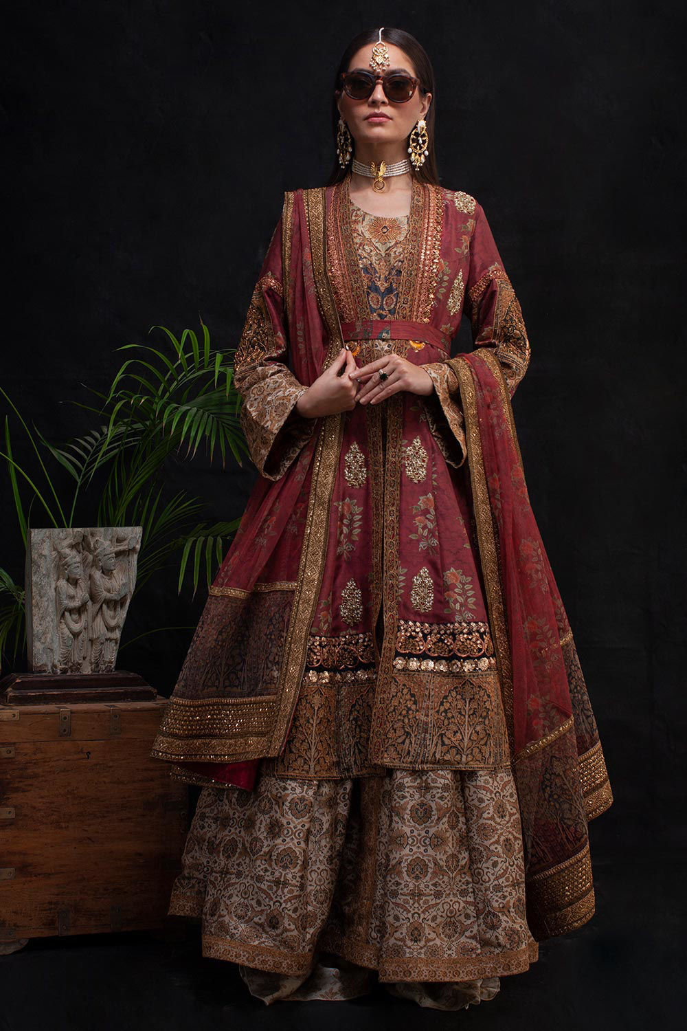 Pakistani Maroon Zardozi Silk Sharara Set (3-Piece) - Image 3