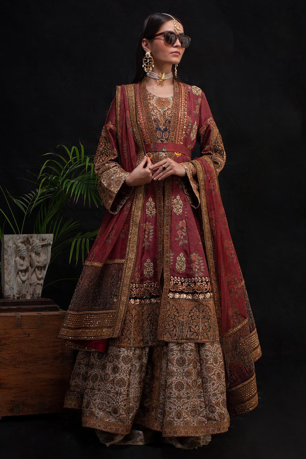 Pakistani Maroon Zardozi Silk Sharara Set (3-Piece) - Image 4