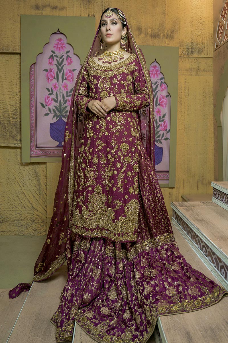 Pakistani Maroon Zardozi Embroidered Silk Bridal Sharara (3-Piece) - Image 1
