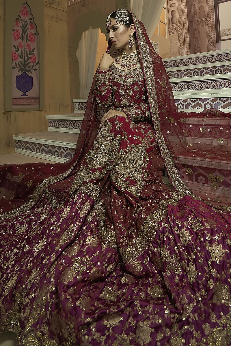 Pakistani Maroon Zardozi Embroidered Silk Bridal Sharara (3-Piece) - Image 4