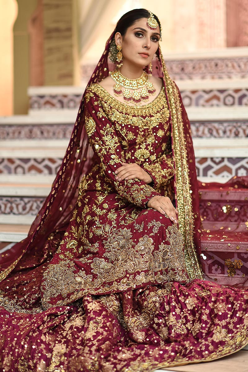 Pakistani Maroon Zardozi Embroidered Silk Bridal Sharara (3-Piece) - Image 5