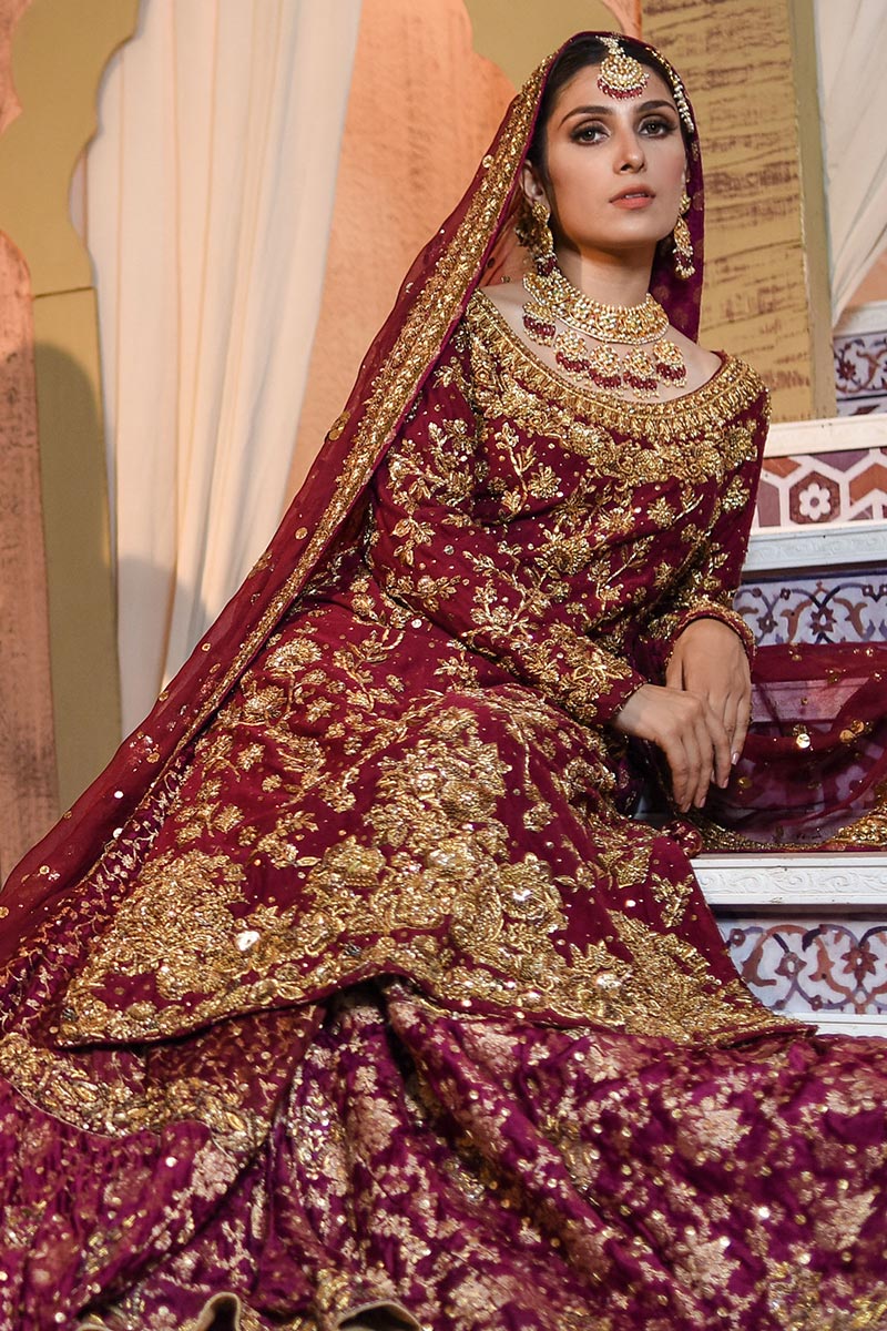 Pakistani Maroon Zardozi Embroidered Silk Bridal Sharara (3-Piece) - Image 6